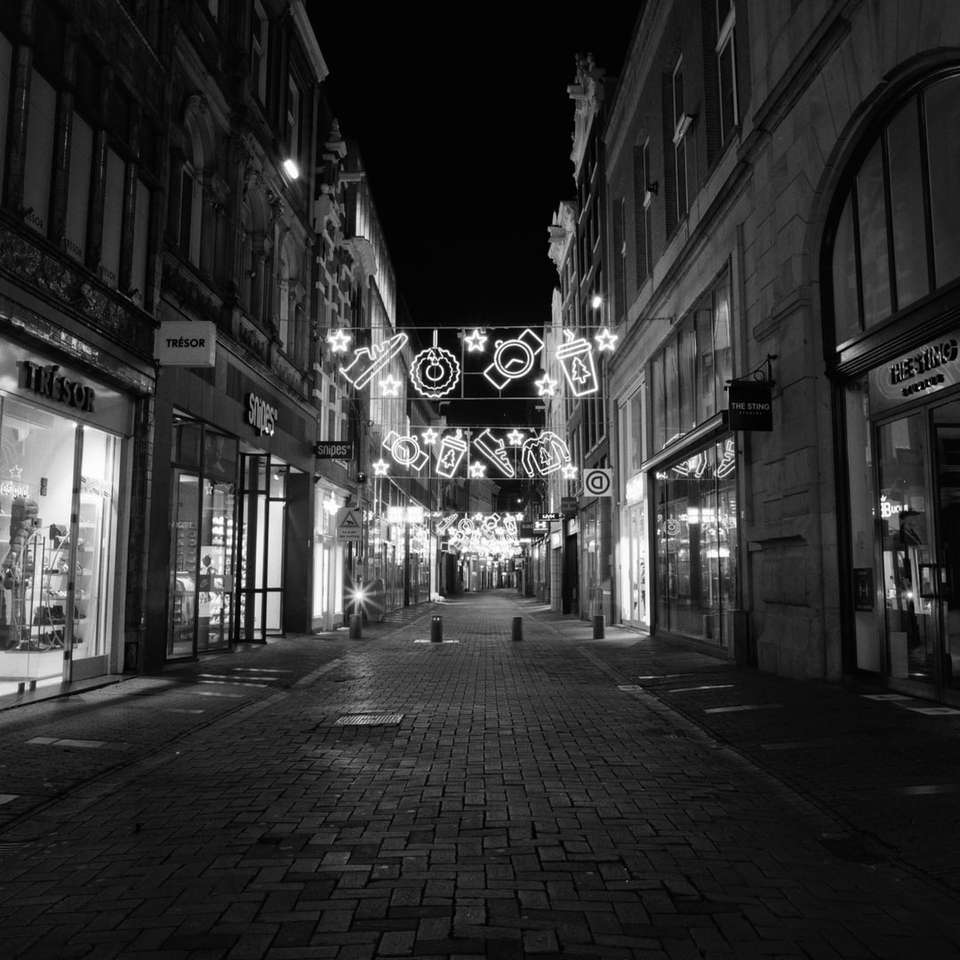 grayscale photo of a street with lighted signage sliding puzzle online