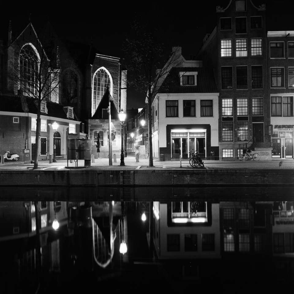 grijswaardenfoto van gebouw 's nachts schuifpuzzel online