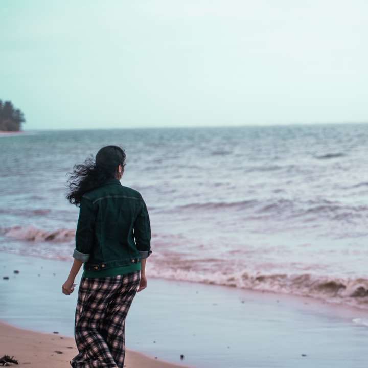 людина в чорно-зеленій куртці, стоячи на березі моря розсувний пазл онлайн