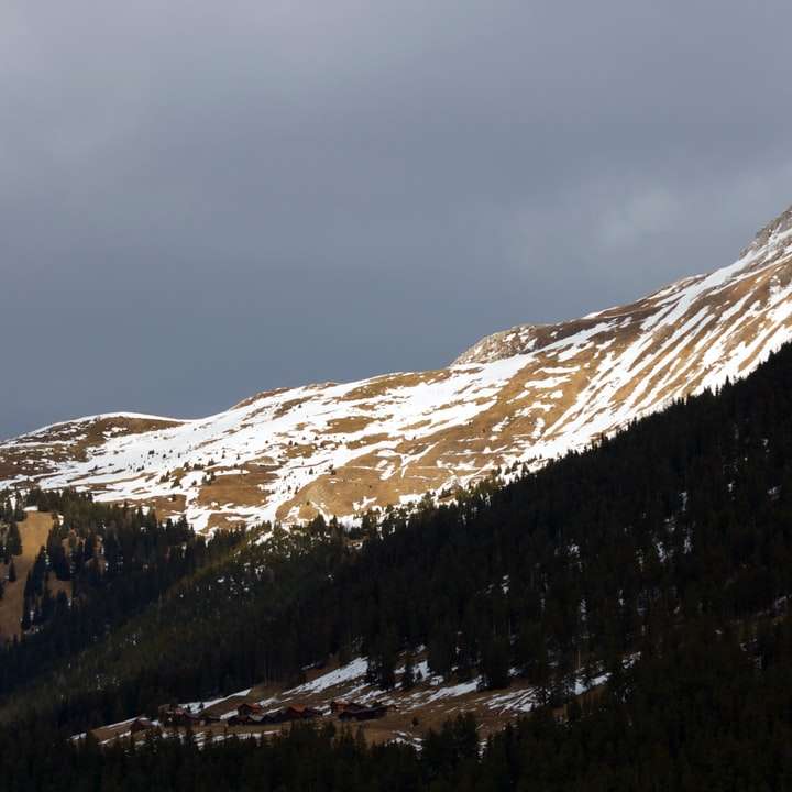 montanha marrom e branca sob céu cinza puzzle deslizante online