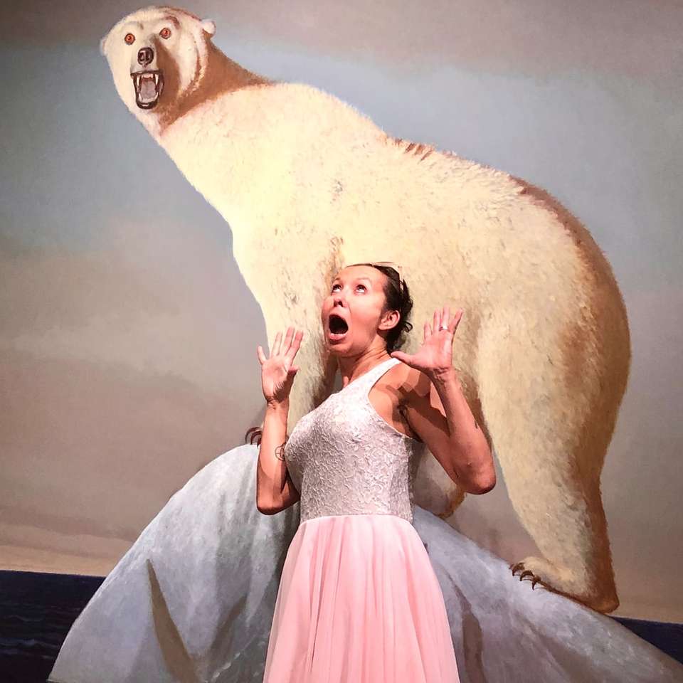 femme, debout, près, ours polaire, peinture puzzle coulissant en ligne