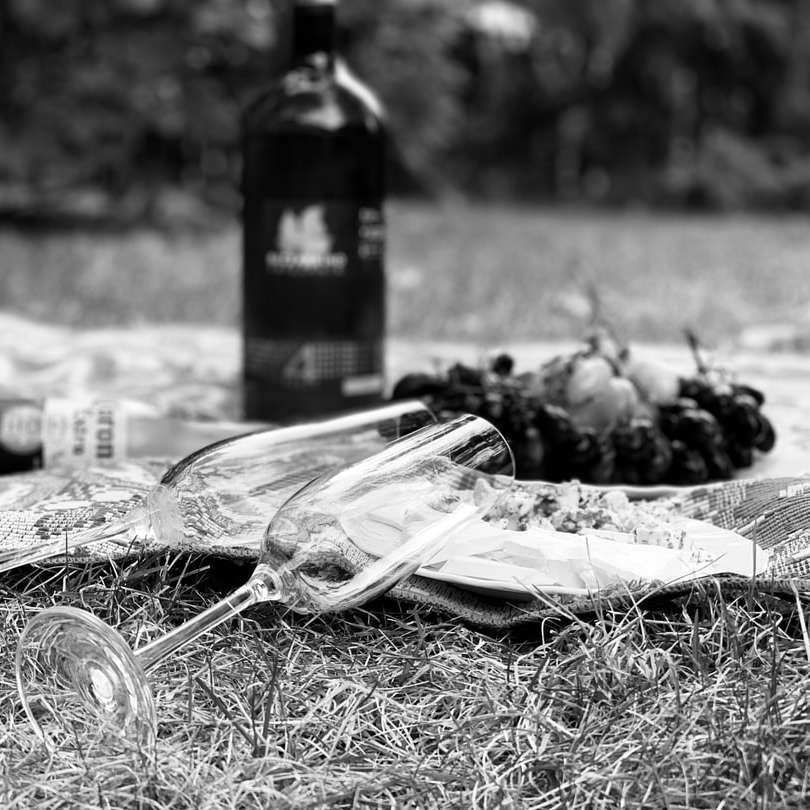 grayscale photo of bottle and glass cup on grass online puzzle