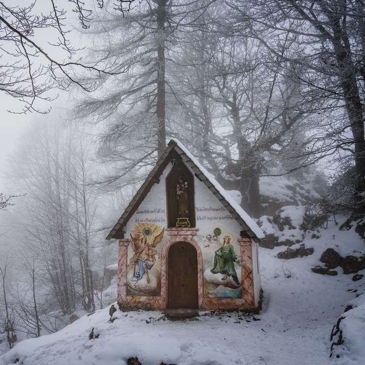 casă de lemn maro în mijlocul pământului acoperit de zăpadă alunecare puzzle online