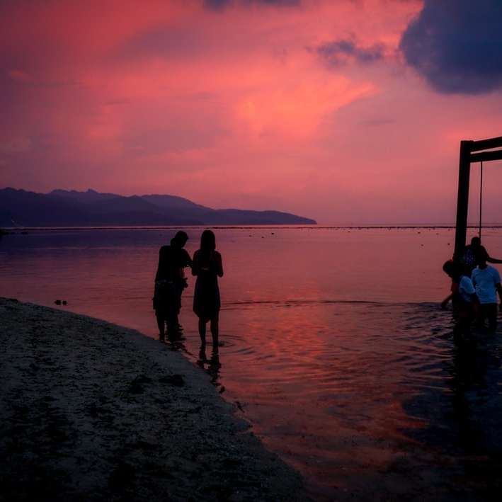 日没時にビーチに立っている2人の女性のシルエット オンラインパズル