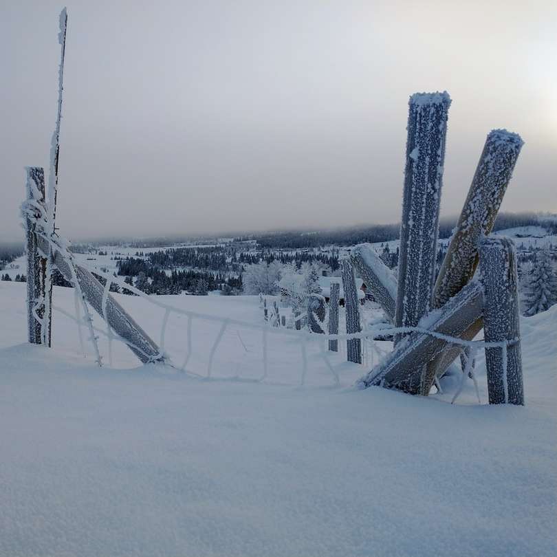 ponte de madeira marrom em solo coberto de neve durante o dia puzzle online