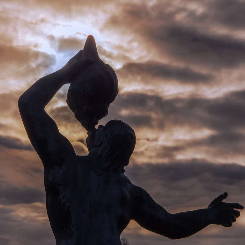 silhueta da estátua do homem sob céu nublado durante o dia puzzle deslizante online