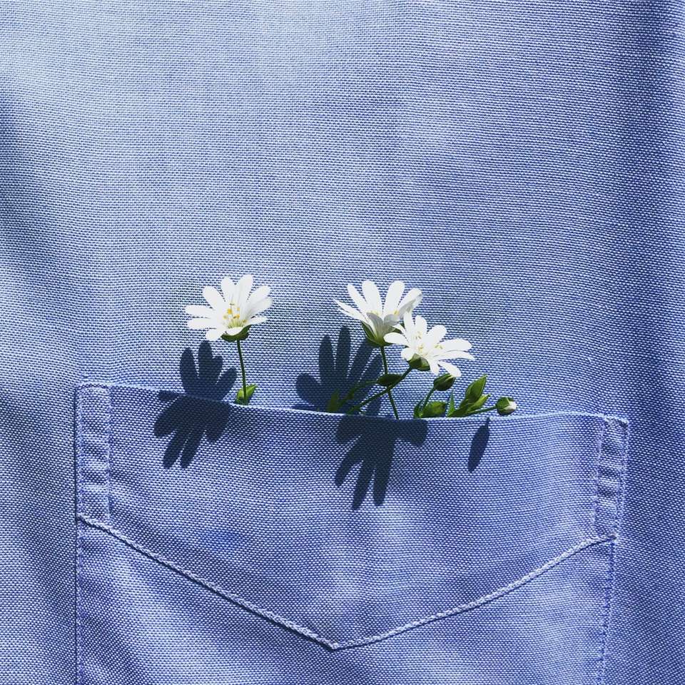 floare albă și galbenă pe textil din denim albastru puzzle online
