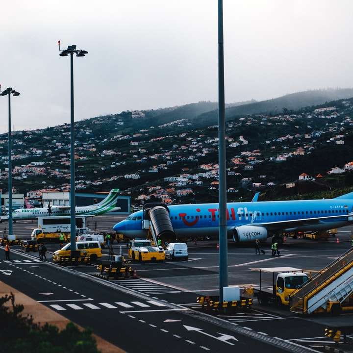 niebieski i biały samolot na lotnisku w ciągu dnia puzzle online