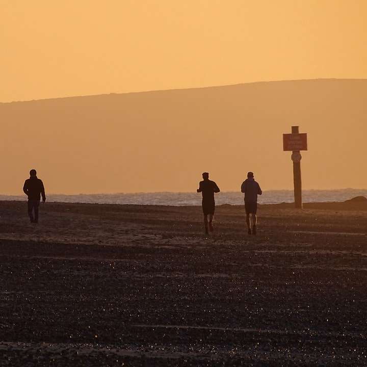 Schattenbild der Leute, die am Strand während des Sonnenuntergangs gehen Schiebepuzzle online