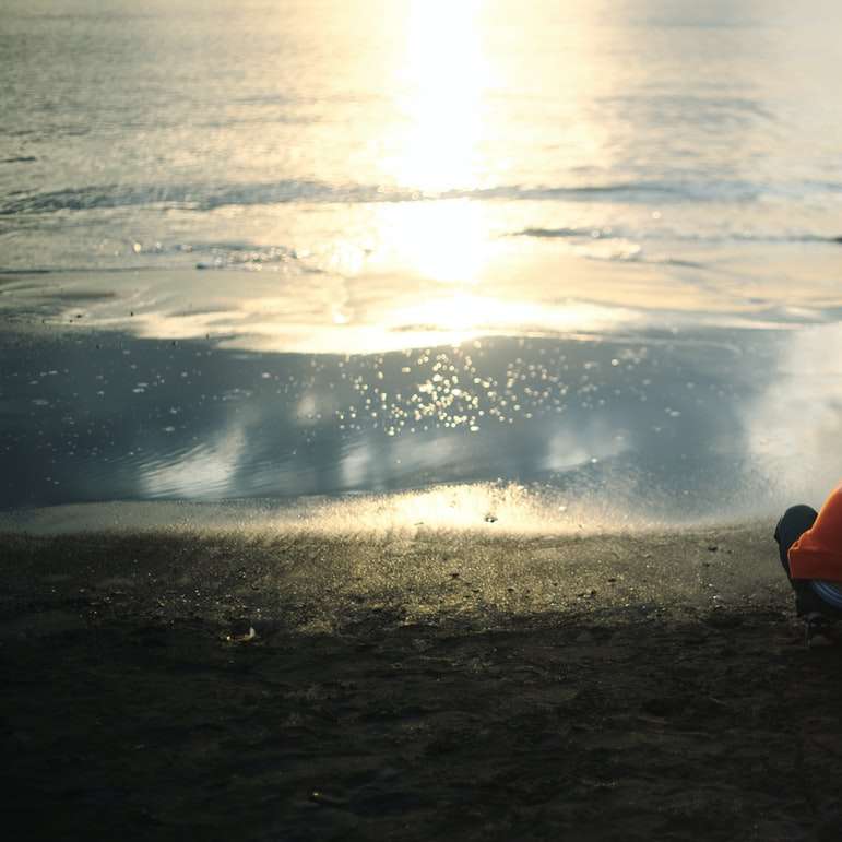мъж в червена риза, седнал на морския бряг през деня плъзгащ се пъзел онлайн