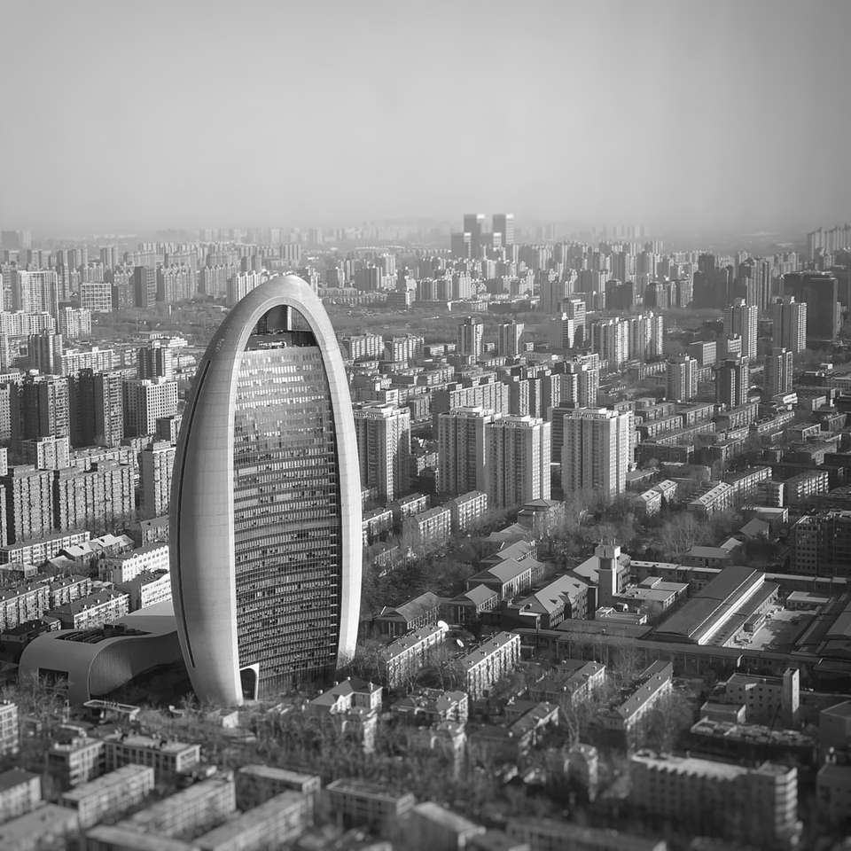 gråskalefoto av stadsbyggnader glidande pussel online