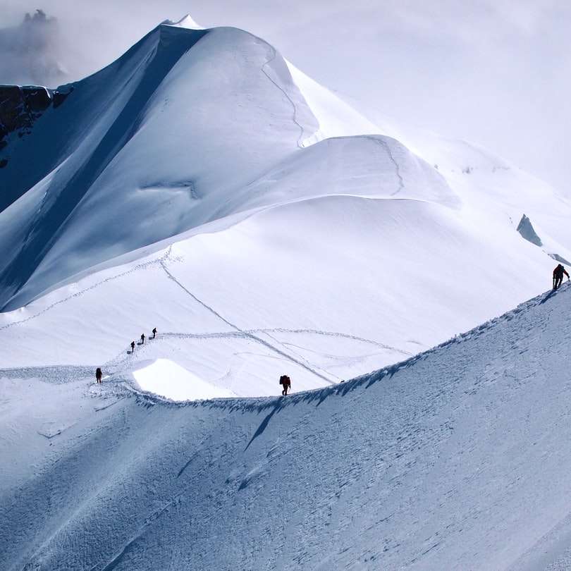 personnes marchant sur la montagne couverte de neige pendant la journée puzzle coulissant en ligne