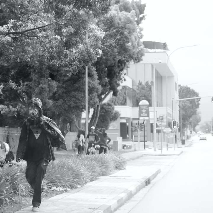 Fotografía en escala de grises de un hombre y una mujer caminando sobre la acera rompecabezas en línea
