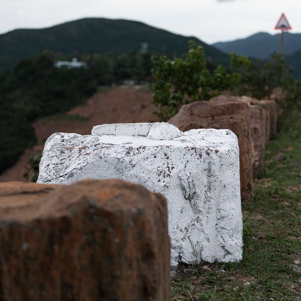 biały kamień betonowy na zielonym polu trawy w ciągu dnia puzzle przesuwne online