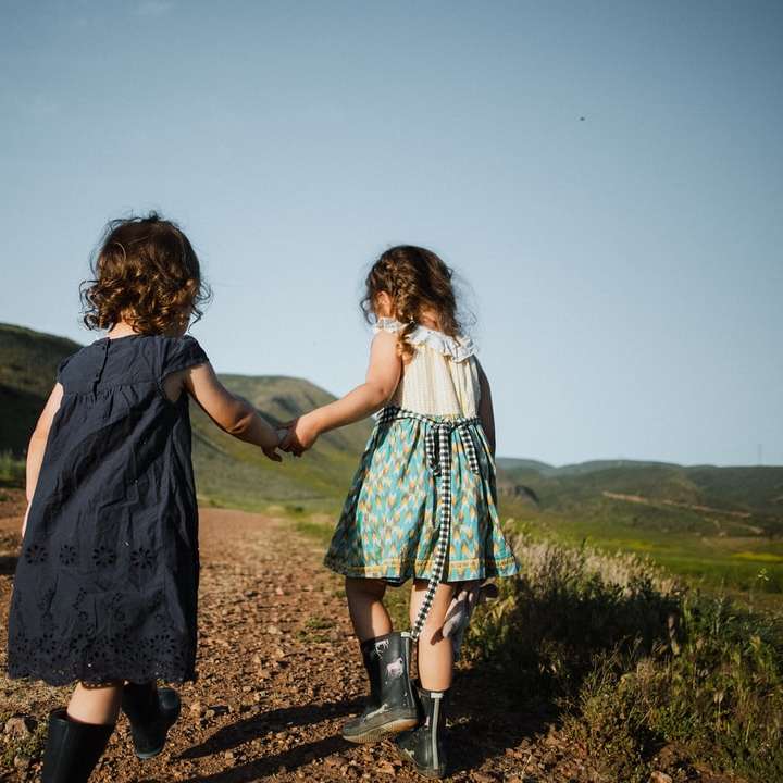 2 момичета в синя рокля, стоящи на кафяво поле през деня плъзгащ се пъзел онлайн