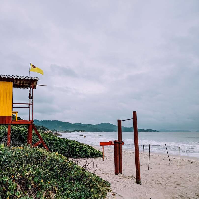Casa de salvavidas de madera marrón en la orilla del mar durante el día rompecabezas en línea