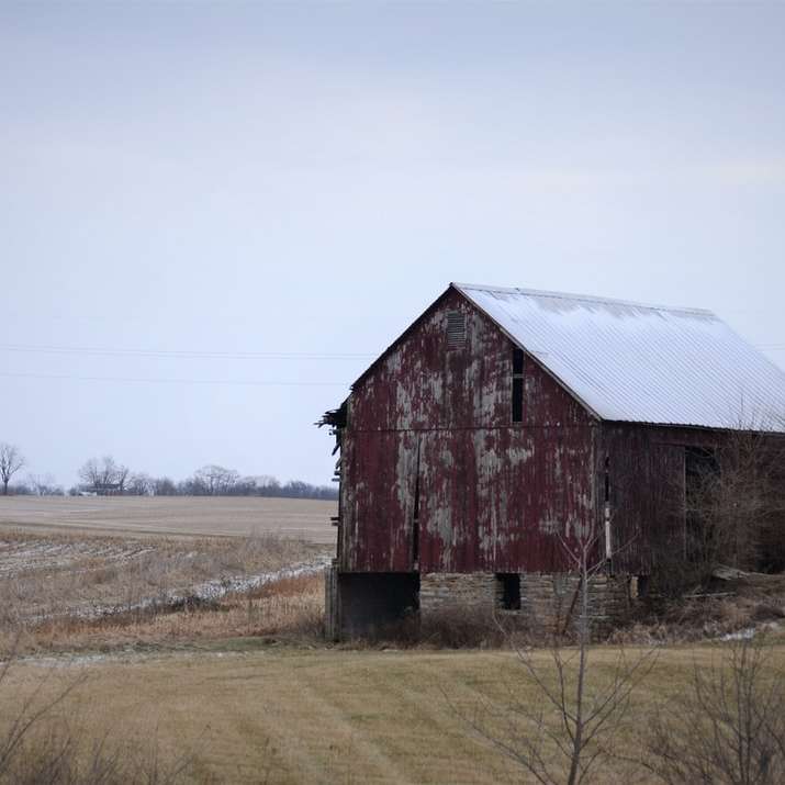 hnědá dřevěná stodola na poli hnědé trávy pod bílou oblohou online puzzle