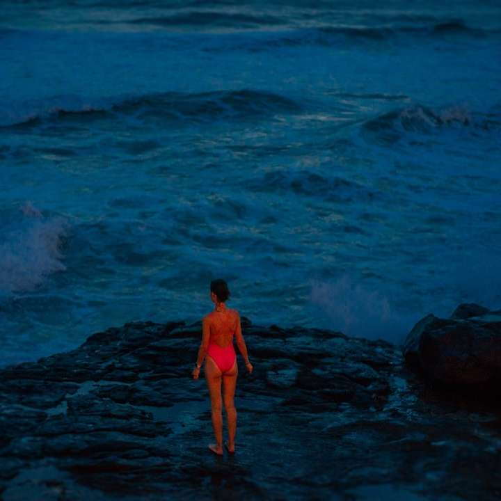 kobieta w czerwonej sukience stojącej na skale, w pobliżu fal oceanu puzzle przesuwne online
