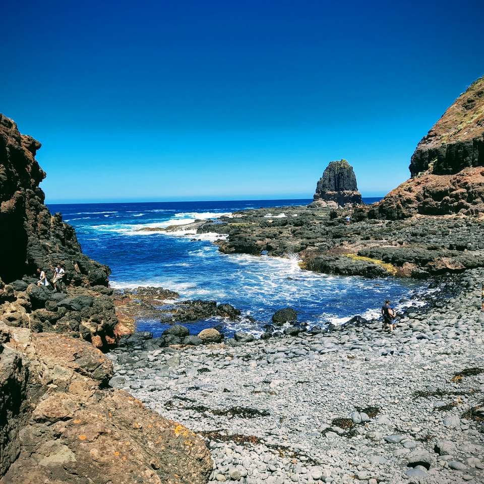 montagna rocciosa marrone accanto al mare sotto il cielo blu puzzle scorrevole online