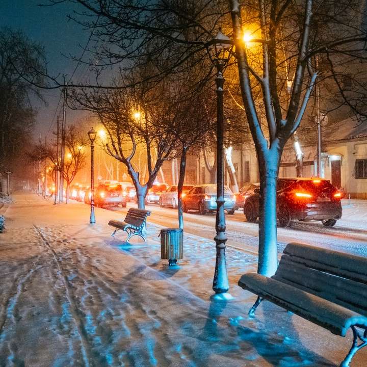 brown wooden bench on snow covered ground during night time online puzzle