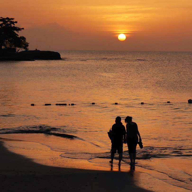 silueta 2 lidí, kteří stáli na pláži při západu slunce online puzzle