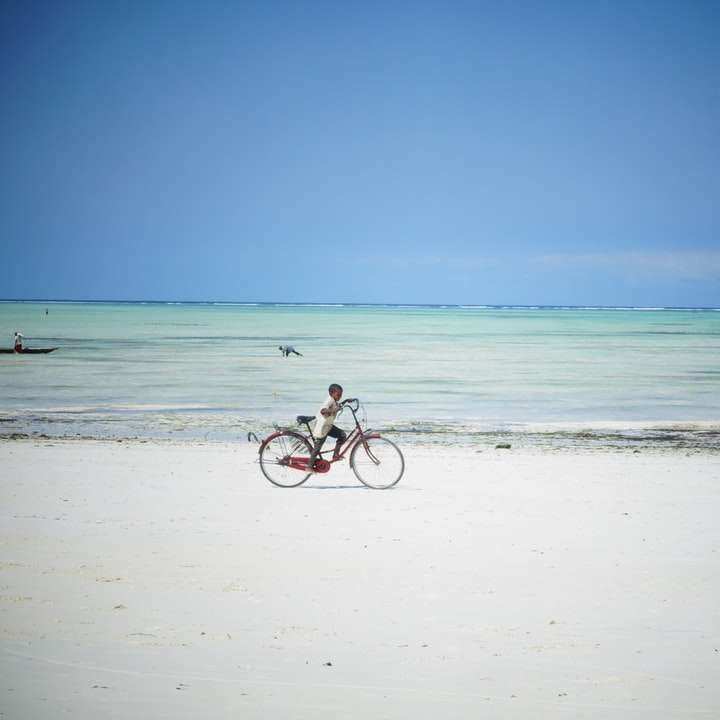 uomo che guida la bicicletta sulla spiaggia durante il giorno puzzle online