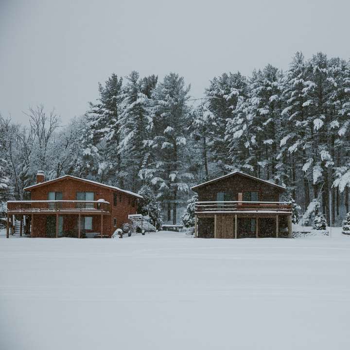 braunes Holzhaus mit Schnee in der Nähe von Bäumen bedeckt Schiebepuzzle online