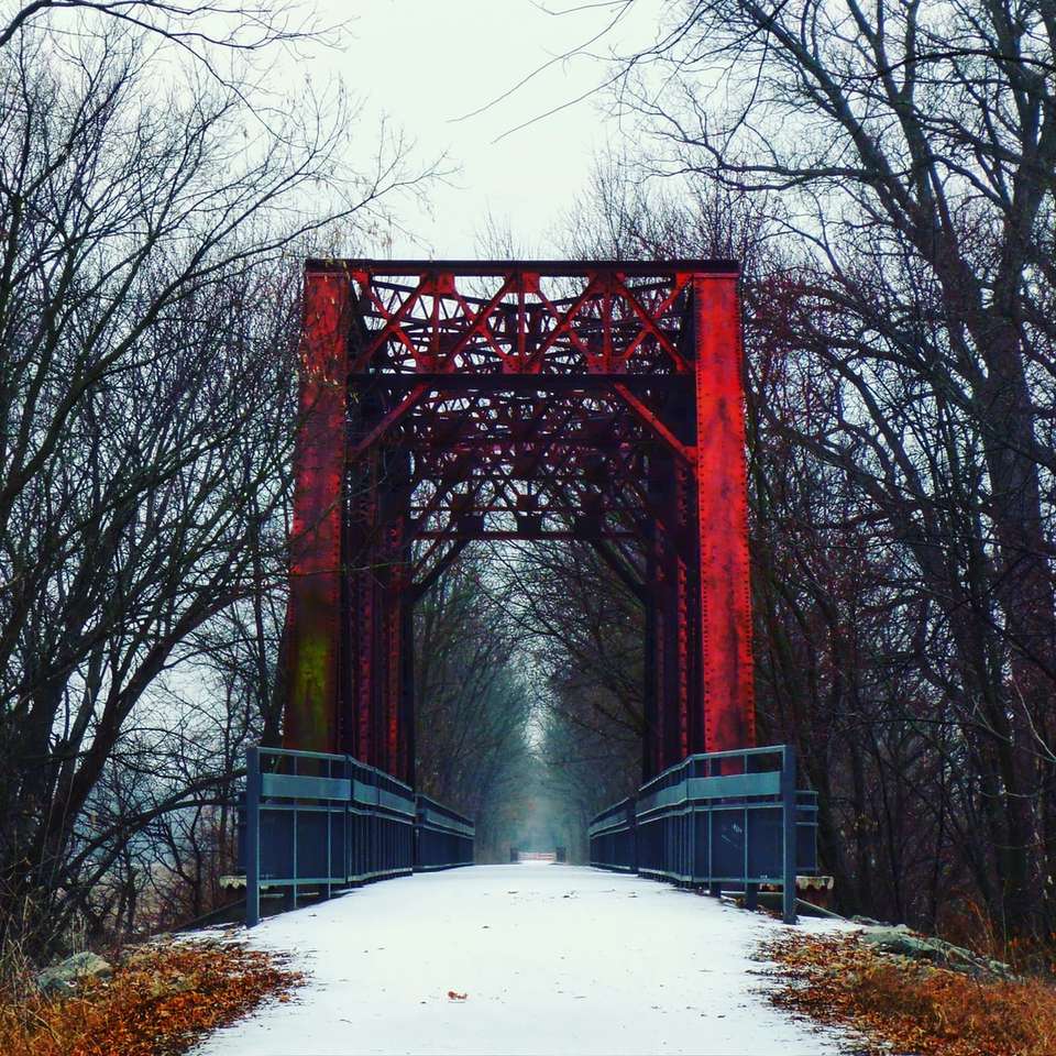 雪に覆われた地面に架かる赤い橋 オンラインパズル