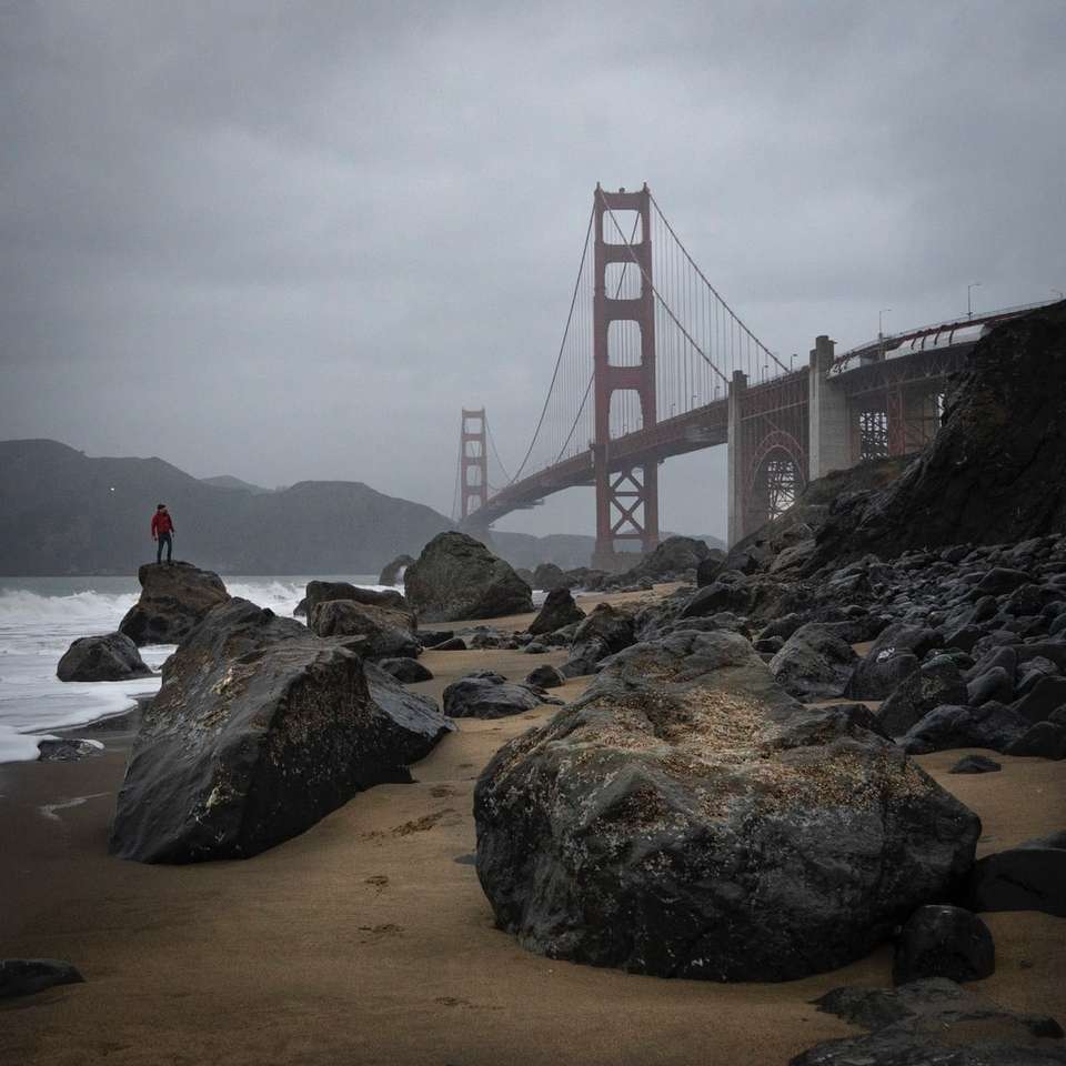 Personne assise sur un rocher près du pont du Golden Gate puzzle coulissant en ligne