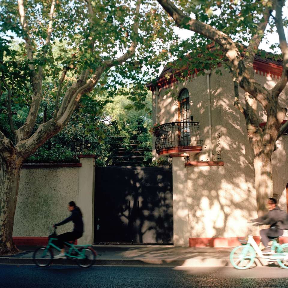 Hombre con camisa roja montando bicicleta cerca de árboles verdes rompecabezas en línea