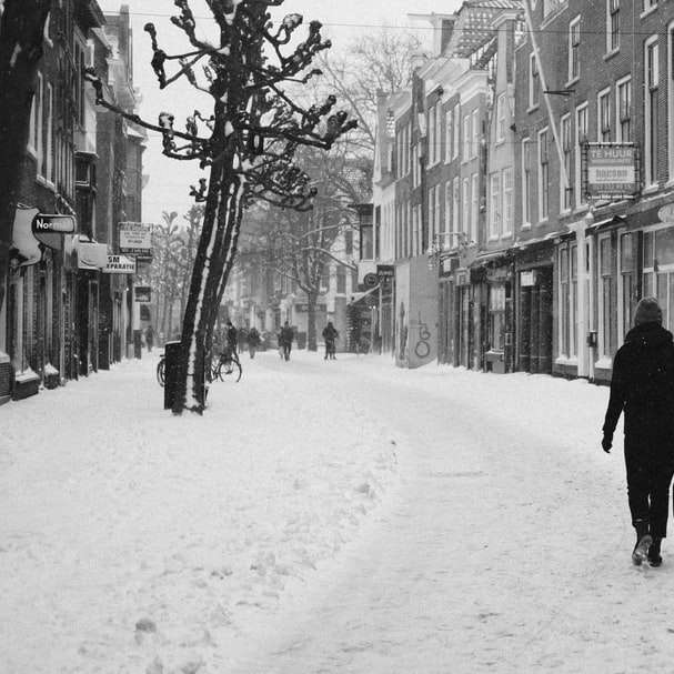 person in black coat walking on snow covered road sliding puzzle online