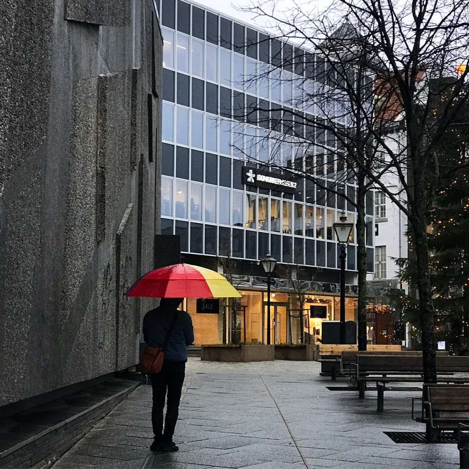 osoba v černé bundě a černé kalhoty drží deštník posuvné puzzle online