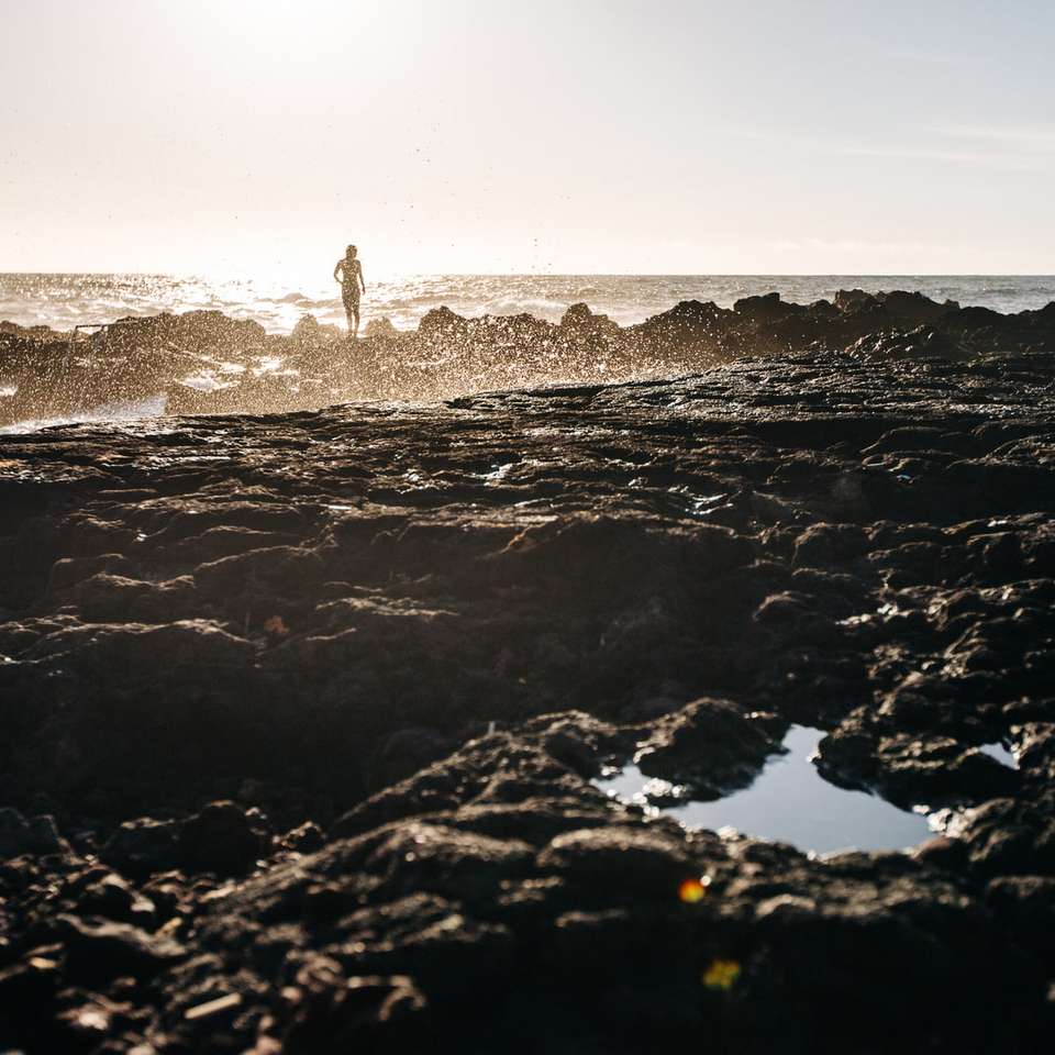 Persona de pie sobre una formación rocosa frente al agua del océano puzzle deslizante online