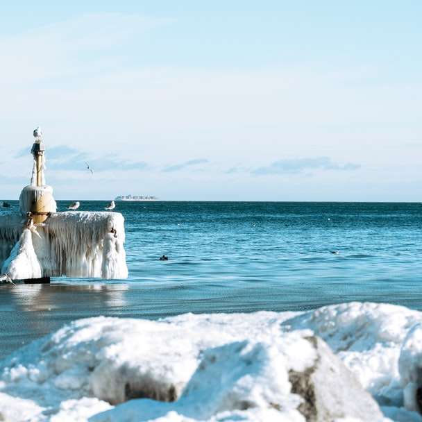 biała i brązowa latarnia morska na białym śniegu pokryte ziemią puzzle przesuwne online