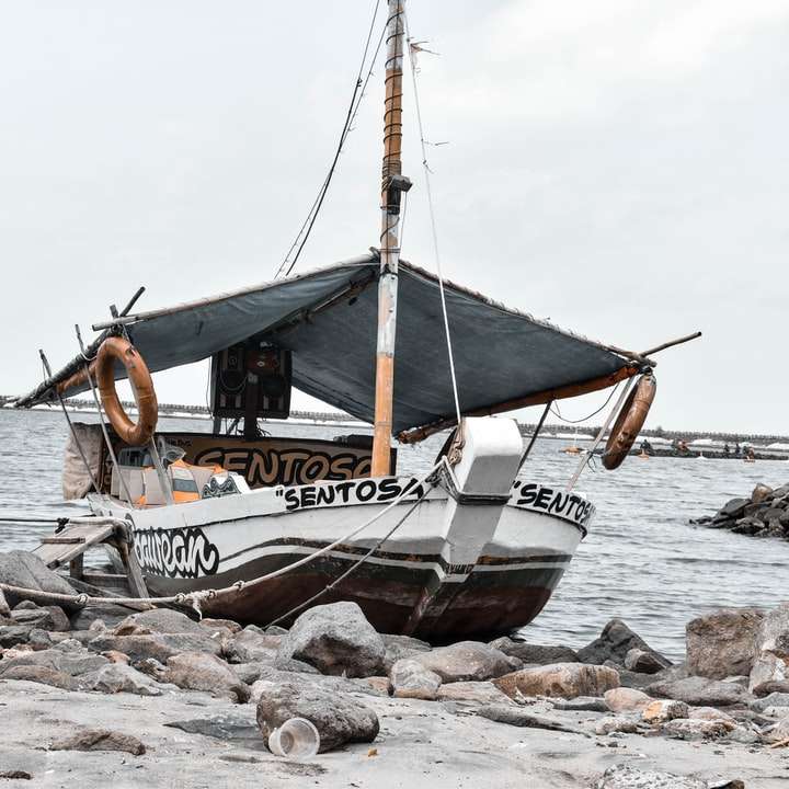 бело-коричневая лодка на берегу моря в дневное время онлайн-пазл