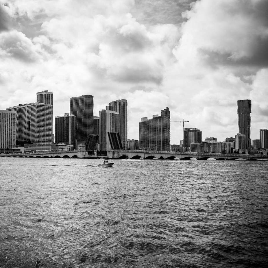 grayscale photo of city skyline online puzzle