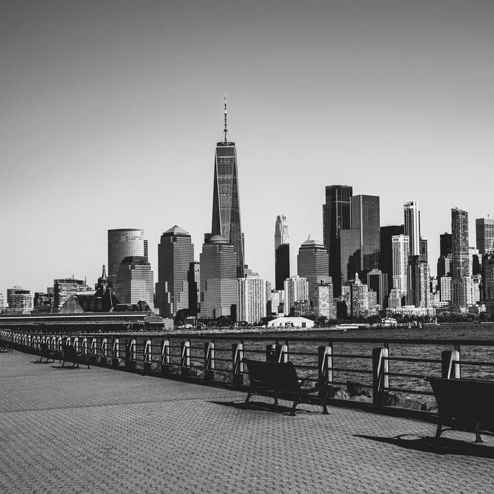 grijswaardenfoto van de skyline van de stad overdag online puzzel