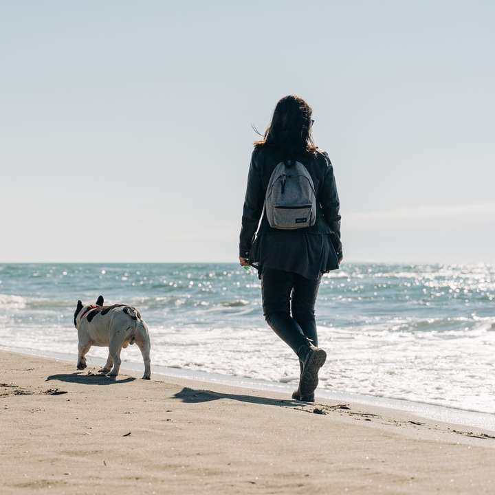 woman in black jacket walking on beach with white dog sliding puzzle online