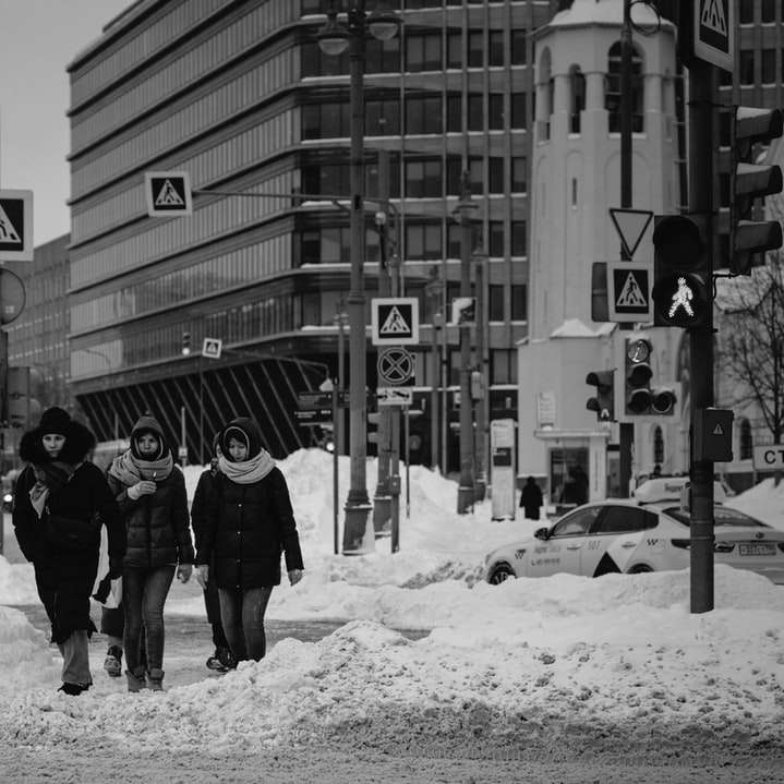Foto en escala de grises de 2 personas caminando sobre un terreno cubierto de nieve puzzle deslizante online