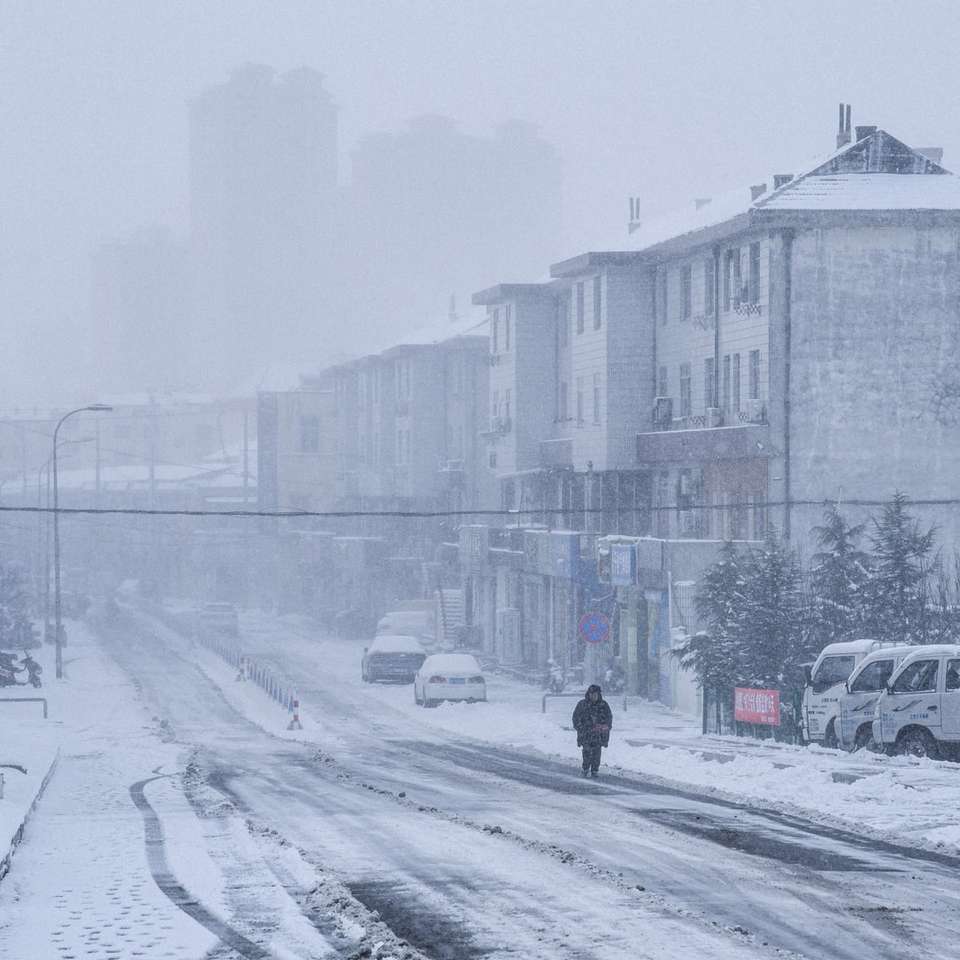 車や建物の近くの雪に覆われた道路を歩いている人 オンラインパズル