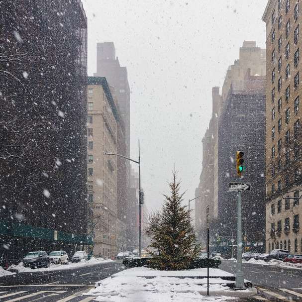 estrada coberta de neve entre prédios altos durante o dia puzzle online