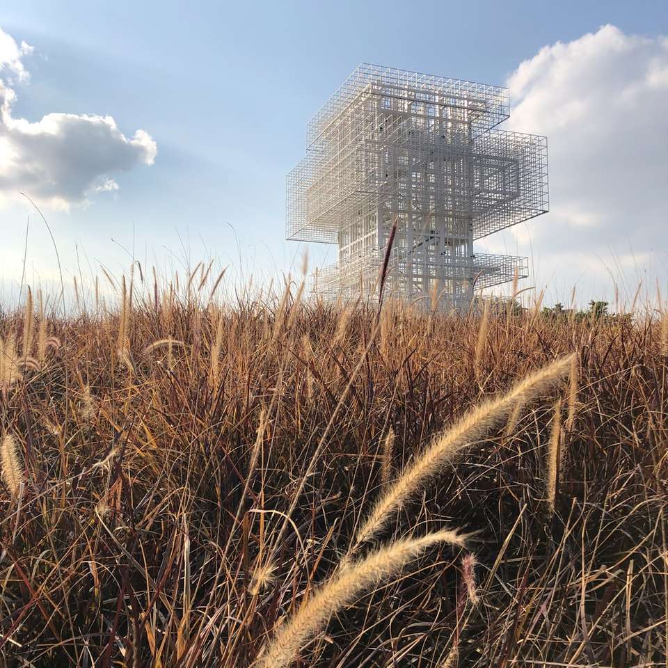brown grass field near gray building under blue sky sliding puzzle online