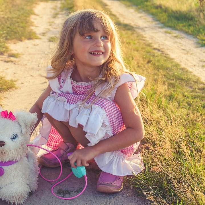 lány rózsaszín és fehér ruhában gazdaság fehér kutya plüss játék online puzzle