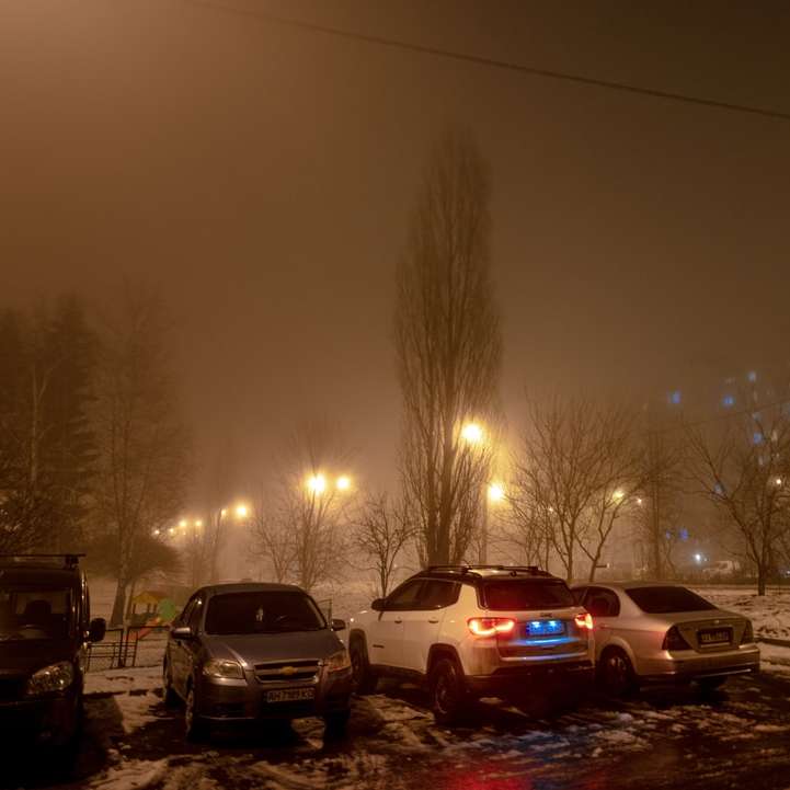 cars parked on snow covered ground during night time online puzzle