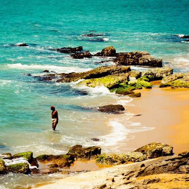 donna in bikini nero in piedi sulla formazione rocciosa marrone puzzle online