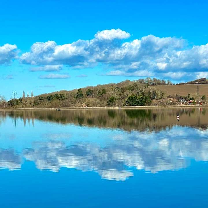 jezioro w pobliżu zielonych drzew pod błękitnym niebem w ciągu dnia puzzle przesuwne online