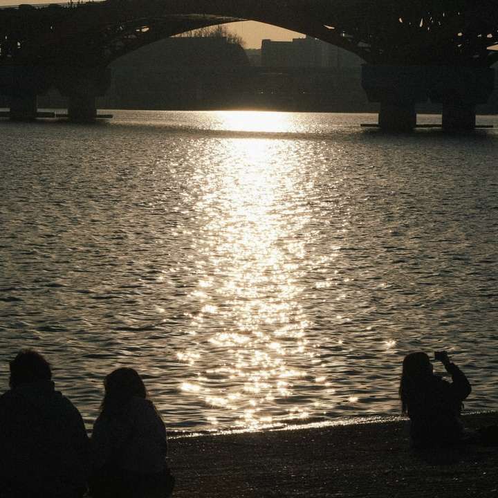 silhouette de personnes près de plan d'eau pendant le coucher du soleil puzzle en ligne