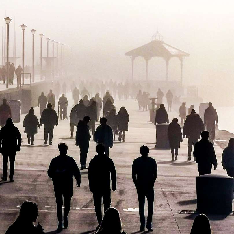 silhuett av människor som går på grå betongbeläggning Pussel online