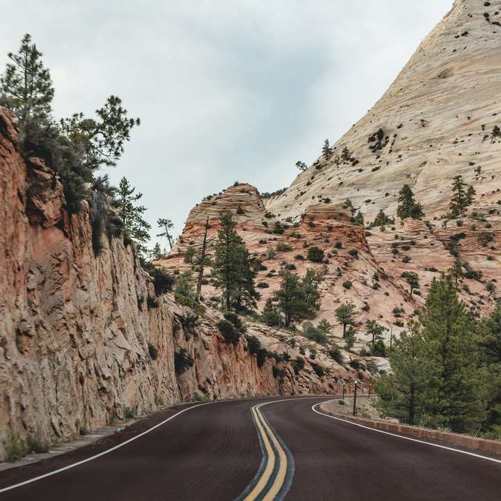 Carretera de asfalto gris entre la montaña rocosa marrón rompecabezas en línea