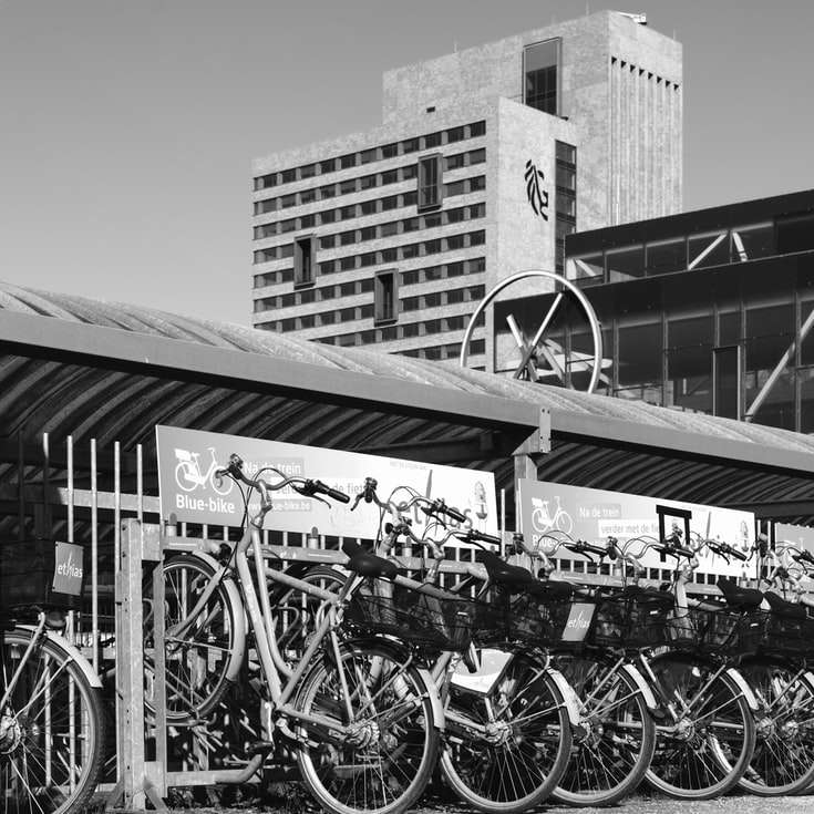 foto in scala di grigi di biciclette parcheggiate vicino all'edificio puzzle scorrevole online